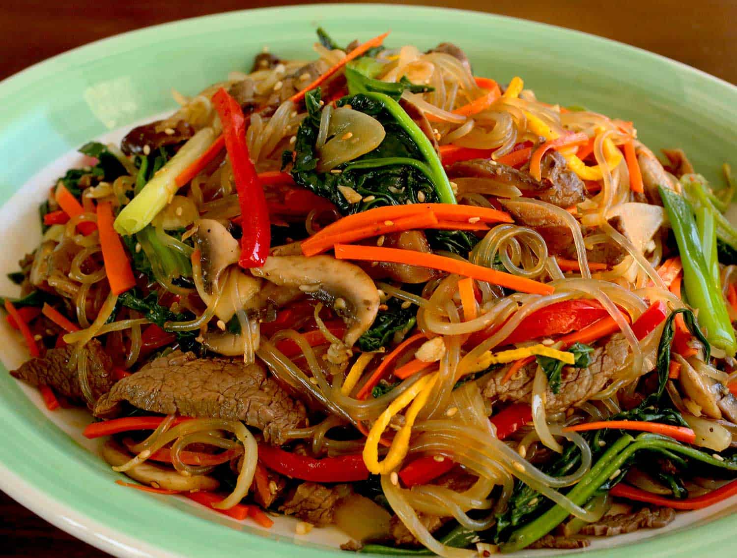 Japchae (Sweet potato starch noodles stir fried with vegetables) recipe by Maangchi